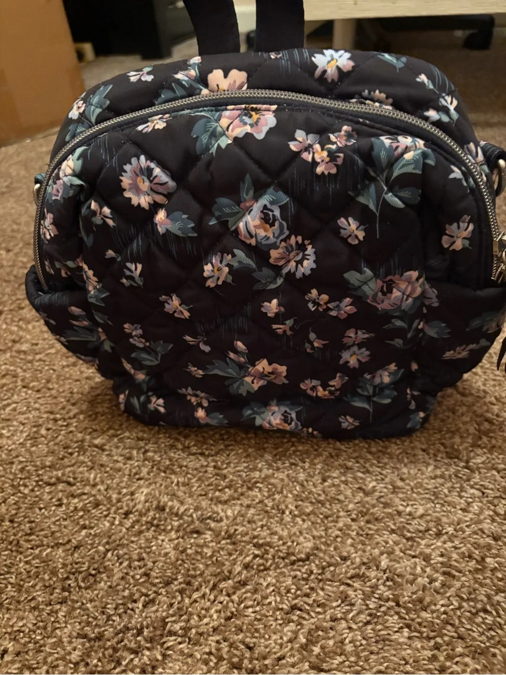 Vera Bradley Quilted Mini Backpack in Black with Pink & Green Floral Print